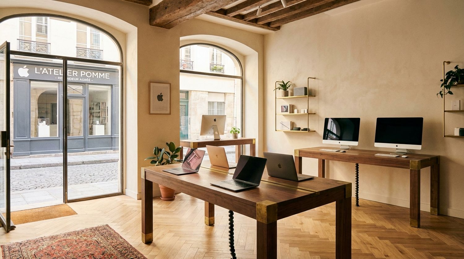 La boutique Espace Mac à Paris, tables en bois et Mac exposés
